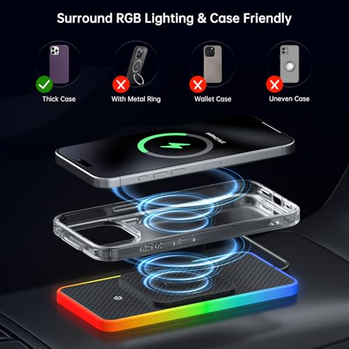 Wireless Car Charger Pad, REESTECQI 15W RGB Wireless Charger for Car Type C Non Slip Charging Pad for Car Compatible with Airpods iPhone16/15/14/13/12, Samsung Google (30CM+ 70CM Extension)