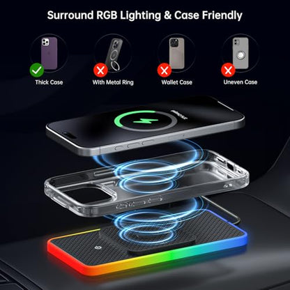 Wireless Car Charger Pad, REESTECQI 15W RGB Wireless Charger for Car Type C Non Slip Charging Pad for Car Compatible with Airpods iPhone16/15/14/13/12, Samsung Google (30CM+ 70CM Extension)