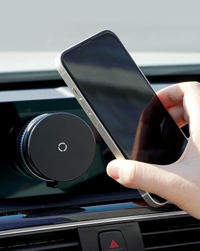 Magnetic Vaccum Car Phone Holder, Enlarged Suction Cup for Smooth Surfaces (Dashboard/Mirror/Glass), Adjustable Car Mount Stand with Metal Ring for iPhone 12-16&Other Phones, Hands-Free, Black