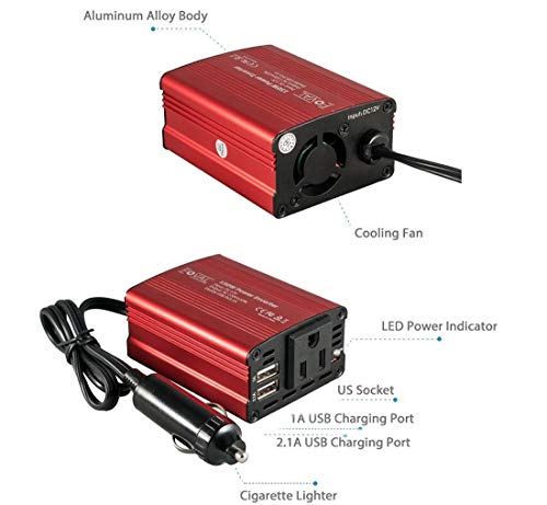 FOVAL 150W Car Power Inverter 12V DC to 110V AC Converter Vehicle Adapter Plug Outlet with 3.1A Dual USB Car Charger for Laptop Computer (Classic Red) - color: Classic Red