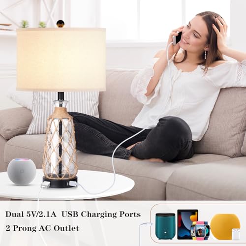 Ruzectt 25.5" Coastal Glass Table Lamps Set of 2, 3-Way Dimmable Touch Control Bedside Lamps with 2 USB Ports and AC Outlet, Clear Nautical Nightstand Lamp for Bedroom Living Room (LED Bulbs Included) - color: Clear