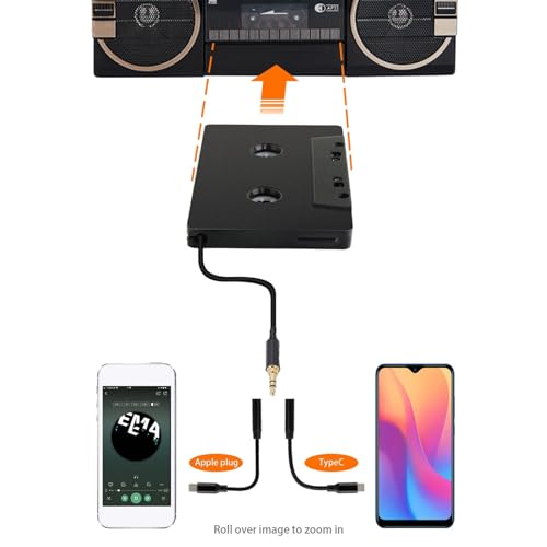 Yoidesu Car Cassette to AUX Adapter, Universal 4 Channel Output Cassette Tape Converter with 3.5mm Type C Auxiliary Cable, for Smartphones MP3 Players Car Stereos