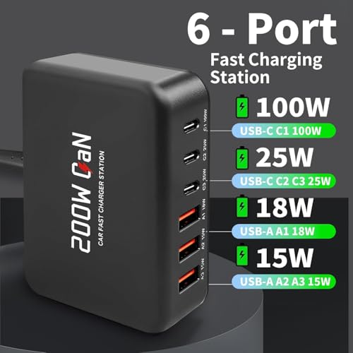 200W USB C Car Charger, 6 Port Multi Fast Charging Car Charger with PD 100W 3.0 PPS, Laptop Car Charger Compatible with MacBook, Galaxy S26/S25, Dell, HP& Other Electronics - Simultaneous Charging