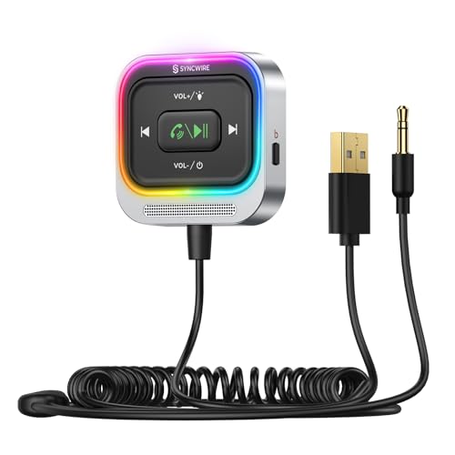 Syncwire Bluetooth 5.4 Receiver 3.5mm Aux Car Adapter Bluetooth Receiver Car Kit with Coiled Cable [Large Mic Noise Cancellation] [Hands-Free Calling] [HiFi Deep Bass] [Colorful Light Switch]