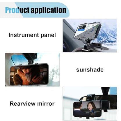Car Phone Mount, 360° Rotatable ABS Dashboard Cell Phone Holder, Multifunctional Car Rearview Mirror Phone Mount Stand Clip with Non-Slip Base, Compatible with 3 to 7 Inch Smartphones