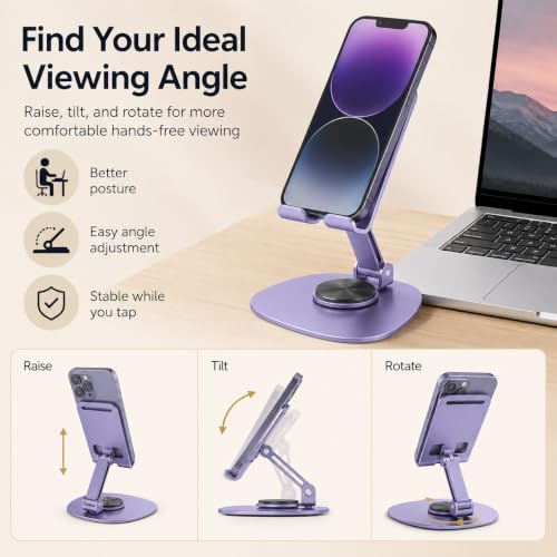 Purple 360° Rotating Aluminum Cell Phone Stand for Desk, Foldable Heavy Duty Tablet Holder, Cute Mechanical Fidget Desktop Mount for iPad Phone Live Streaming Gaming Office Setup - color: PURPLE
