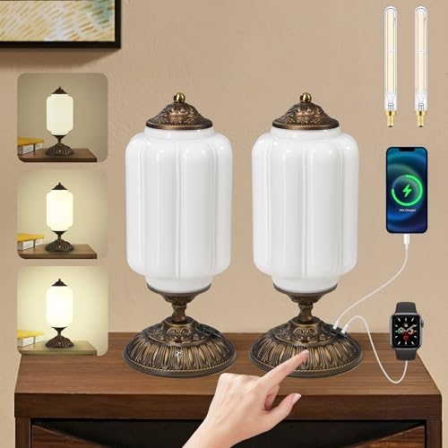 14" Milk Glass Touch Table Lamps Set of 2 with USB C+A Charging Ports - color: White-2Pack