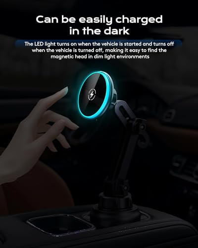 Magnetic Cup Phone Holder Car Wireless Charger for MagSafe, 15W Fast Charging Car Mount Stand for iPhone 16 Pro Max/15/14/13/12, Cupholder Expander, LED Light Ring, Strong N52 Magnets