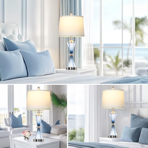 Rinweey Blue Glass Table Lamp with USB C+A Ports & AC Outlet,Coastal Bedside Lamp for Night Stands Bedroom Living Room,Nightstand Lamp LED Bulbs Included,Single Blue - color: Blue-1P