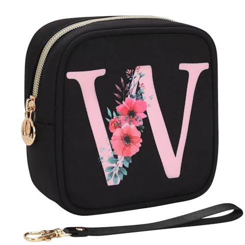 Relavel Initial Mini Makeup Bag for Girls, Small Makeup Bag for Purse with Zipper ＆ Removable Handle, Portable Makeup Pouch Lipstick Skincare Bag, Small Gift Cosmetic Bags for Women Girls(Black W) - size: A-Small, style: W