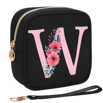 Relavel Initial Mini Makeup Bag for Girls, Small Makeup Bag for Purse with Zipper ＆ Removable Handle, Portable Makeup Pouch Lipstick Skincare Bag, Small Gift Cosmetic Bags for Women Girls(Black W) - size: A-Small, style: W