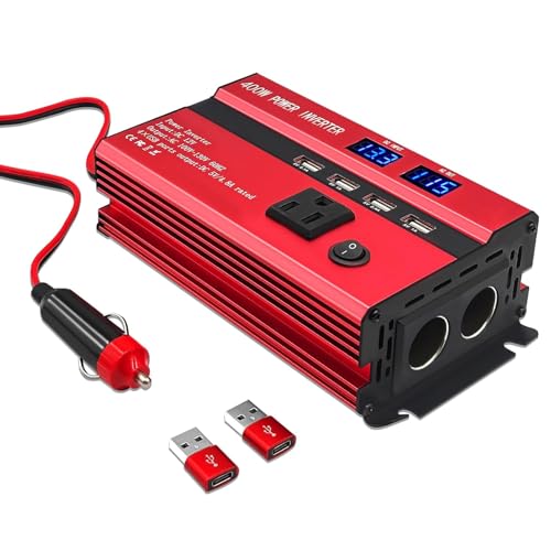 400W Power Inverters for Vehicles, Car Power Inverters DC 12V to 110V AC Car Plug Adapter Outlet with 2 Type-C (Equip with 2 USB), Fast Charger for Phone, Laptop (Red, 400W)