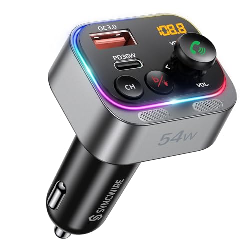 Syncwire Bluetooth 5.4 FM Transmitter Car Adapter 54W (PD 36W & 18W) [Stronger Dual Mics] [Light Switch] [HiFi Bass Sound] [Fast Charging] Wireless Radio Receiver Hands-Free Calling LED Display - color: Silver
