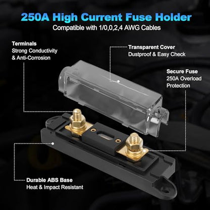 1/0 Gauge Wire 1/0 Battery Cable (20FT Red+20FT Black), Copper Clad Aluminum CCA Amp Wiring Kit with 250A ANL Fuse Holder, Lugs Terminal Connector & Heat Shrink Tube for Car Audio Speaker, Marine - color: 40FT Wire+250A Fuse Holder