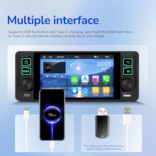 Single Din Radio Car Stereo with Wireless and Wired CarPlay & Android Auto 5.1" with Bluetooth 5.2 Car Audio Receiver AM&FM, EQ, TF, AUX＆USB, Fast Charging, AHD Backup Camera MIC