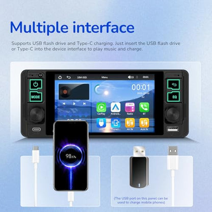 Single Din Radio Car Stereo with Wireless and Wired CarPlay & Android Auto 5.1" with Bluetooth 5.2 Car Audio Receiver AM&FM, EQ, TF, AUX＆USB, Fast Charging, AHD Backup Camera MIC