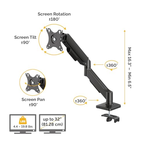 Fellowes Everyday Plus Single Gas Spring Monitor Arm Supports up to 32" Screens Weighing 4.4-19.84 lbs, Height Adjusting, Tilt, Swivel, Rotate, VESA 75/100, Clamp or Grommet Mount, Cable Management - style: Everyday Plus Single Arm