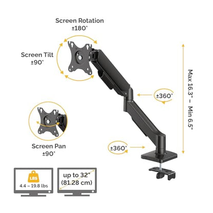 Fellowes Everyday Plus Single Gas Spring Monitor Arm Supports up to 32" Screens Weighing 4.4-19.84 lbs, Height Adjusting, Tilt, Swivel, Rotate, VESA 75/100, Clamp or Grommet Mount, Cable Management - style: Everyday Plus Single Arm