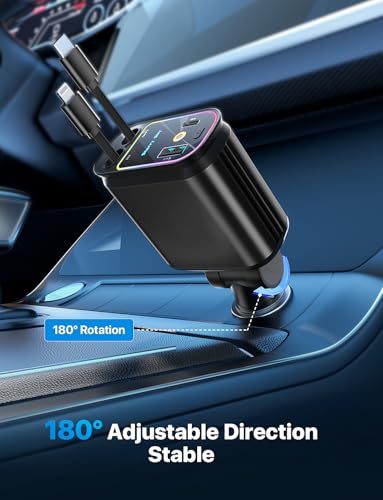 Starlight Retractable Car Charger with Retractable Cables, Starlight in Car Roof 4 in 1 Super Fast USB C Car Phone Charger, 2 USB Ports Starry Sky Adapter, Compatible with iPhone 17 16 15 14 - color: Deep Black