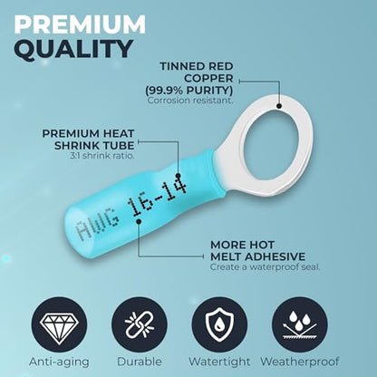 300PCS Waterproof Heat Shrink Wire Connector Kit – Copper Crimp Terminals with Butt, Ring, Fork, Spade & Quick Disconnect, AWG 22-10, for Marine, Automotive, Boat & ATV Wiring