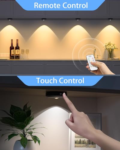 WILLED Puck Lights with Remote Control, Rechargeable Under Cabinet Lights, 1200mAh Battery Operated Tap Lights, Dimmable Push Lighting, Wireless Closet Light, LED USB Stick On Light (6 Pack) - color: Black, size: Warm White - Cool White