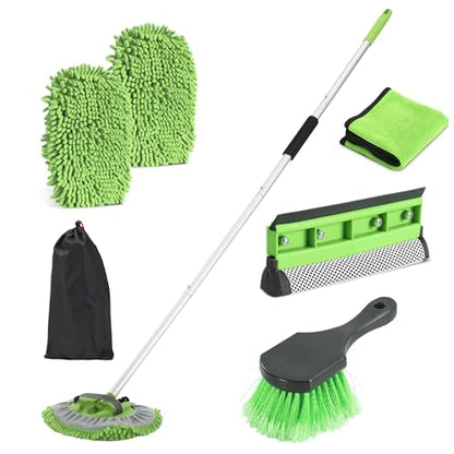 Car Wash Brush with Long Handle, 62'' Car Wash Mop, 7Pcs Chenille Microfiber Cars Washing Kit with Window Squeegee/Microfiber Towels /Wheel Brush for Cars RV Truck Boat Floor Window, Green - color: Green