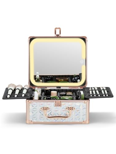 Qislee Makeup Box with Detachable Magnetic LED Mirror, Travel Train Case - color: Sparkling Blue, size: Small