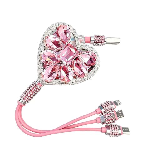 Car 3 in 1 Multi Charging Cable, Stylish Heart-shaped Diamond-studded Retractable Cable for Women/Girls, USB Multi-port Connector, Universal Car Interior Accessories (Pink)