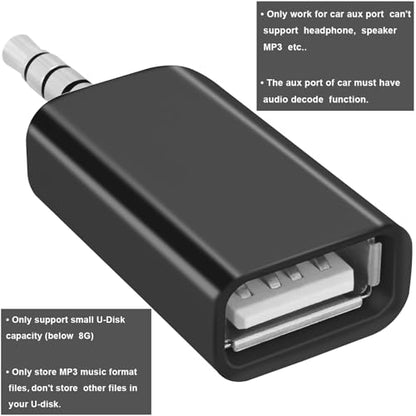 2 Pack AUX to USB Adapter, USB A Female to 3.5mm Male Audio Converter Jack Plug for USB Flash Drive U-Disk to Connect Car CD Player, Only Work for Car Auxiliary Port - Black+White