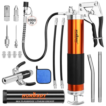 18-Piece 8000PSI Heavy Duty Grease Gun Kit with 14oz Grease, 2x11" Hoses, Flex Hose, Extension Pipes, Lock Coupler, Injector, Sharp Nozzle for Vehicle, Farm, Workshop, Marine, Easy Operation Tool