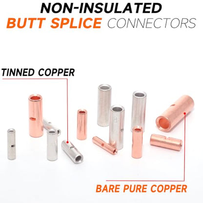 SVAAR 220 PCS 26-8 AWG Non-Insulated Butt Connectors Uninsulated Butt Splices Tinned Copper Marine Grade Butt Splice Terminals 26-8 Ga. Wire Splice Connector Seamless Barrel Crimp Butt Splice Terminal - color: Non-Insulated Splice - Tinned Copper