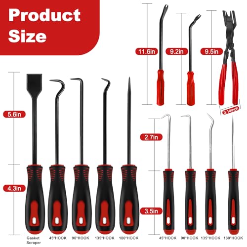 17Pcs Hook and Pick Tool Set with Scraper Auto Clip Removal Plier Fastener Remover Rivets Puller Mechanic Car Trim Removal Tool Kit Gasket Telescoping Magnetic Pickup Hand Automotive Tools (Red) - color: Red- 17 Pcs Auto Pick and Hook Set