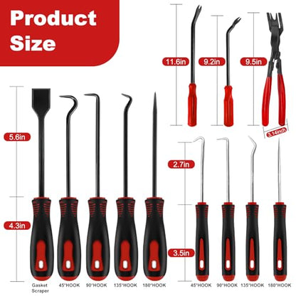 17Pcs Hook and Pick Tool Set with Scraper Auto Clip Removal Plier Fastener Remover Rivets Puller Mechanic Car Trim Removal Tool Kit Gasket Telescoping Magnetic Pickup Hand Automotive Tools (Red) - color: Red- 17 Pcs Auto Pick and Hook Set