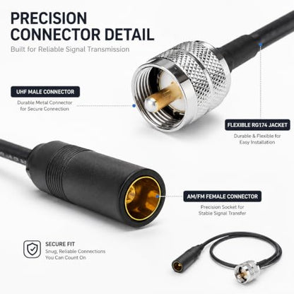 UHF Male to AM/FM Female Adapter RG174 Coax Cable 12 inches Pigtail Jumper RF coaxial Cable for Radio Antenna