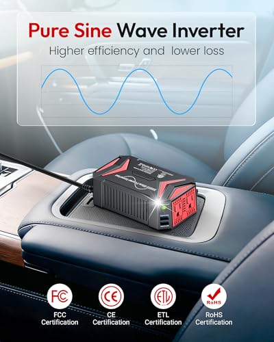BESTEK Pure Sine Wave Power Inverter, 300W DC 12-17V to 110V AC Car Adapter - color: Black