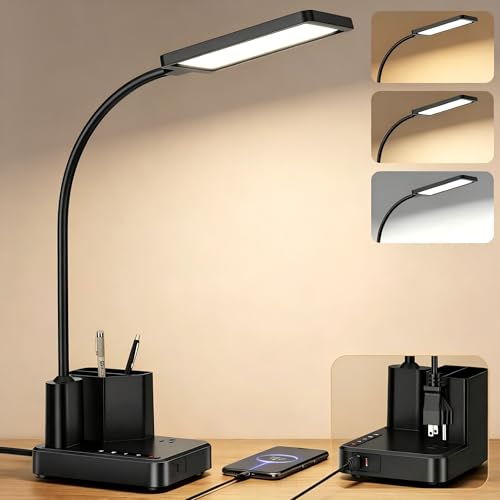 cozoo LED Desk Lamp for Dorm USB A/C Charger Pen Holder 3 Light Modes Black
