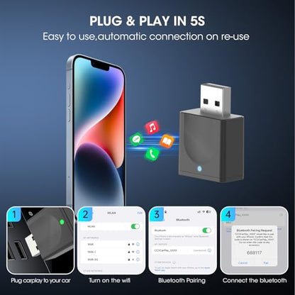 Wireless Carplay Adapter for iPhone, Convert Wired to Apple Carplay Wireless Adapter, Mini Size with Bluetooth 5.3 WiFi 5.8 GHz, Plug and Play, Connection Stable No Delay - color: Black
