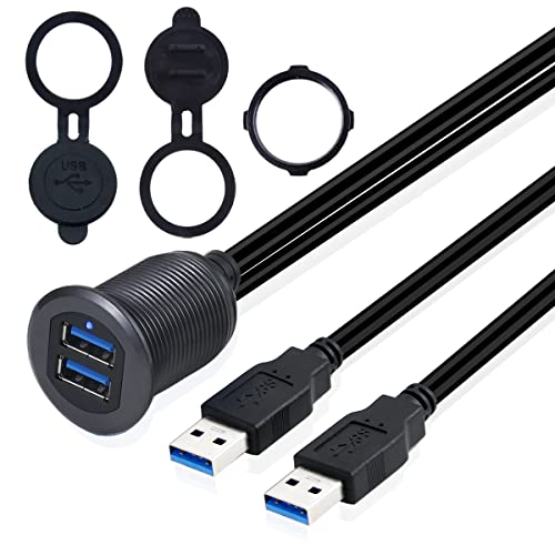 MysRuida USB 3.0 Mount with Light, 3.3ft USB 3.0 2 Ports Male to USB 3.0 2 Ports Female Flush Panel Dashboard Mount Extension Cable for Car Truck Boat Motorcycle, Metal Shell, Gray - style: USB 3.0+USB 3.0 Mount