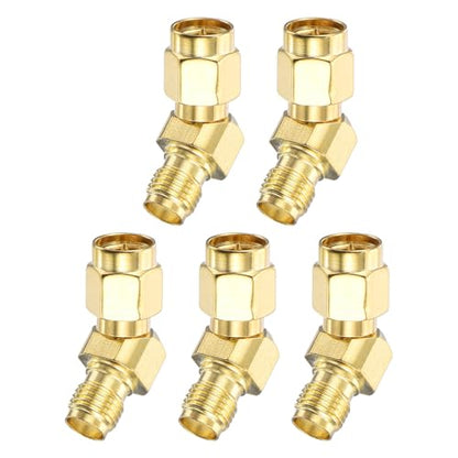 MECCANIXITY 5Pcs 135° Type SMA L-Shape Adapter SMA Male to Female Adapter Converter 50 Ohm for Antennas, Signal Monitoring, Test Bench, Router, Car Navigation, Gold