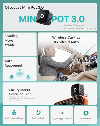 OTTOCAST Mini Pot 2-in-1 Wireless CarPlay/Android Auto Adapter 2026(USB-C) - color: Black (USB-C)