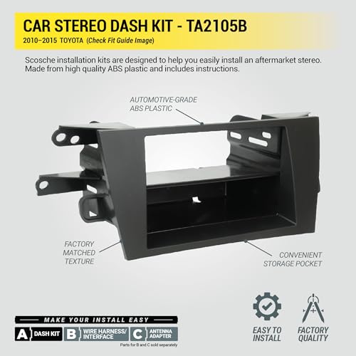 Scosche TA2105B Double or Single DIN with Pocket Radio Install Dash Kit Compatible with Select 2010-2015 Toyota Prius - Aftermarket Car Stereo Installation Kit - See Fit Guide Image for compatibility