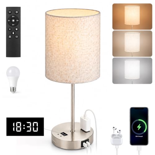 BySea Dimmable Bedside Table Lamp with Clock, Remote, USB & Outlet, Nickel - color: Brushed Nickel