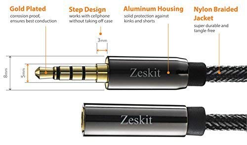 Zeskit Premium 3.5mm Jack Male to Female AUX Audio Extension Cable, TRRS 4 Poles for Headphones with Mic, Speakers - 6ft - size: 6 Feet
