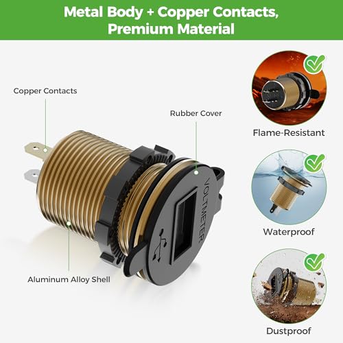 10L0L 9V-55V Input Golf Cart Quick Charge 3.0 Dual USB Charging Socket,2 in 1 USB Ports & Digital Voltmeter Universal for Club Car,EZGO and Yamaha,Metal Shell Safe Charge Outlet - color: Golden