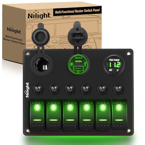 Nilight 6 Gang Rocker Switch Panel Waterproof Pre-Wired Green - color: Green, size: 6+3 Gang Type C +USB