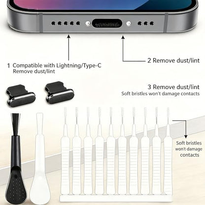 14 PCS Charging Port Cleaning Kit, Multifunction Nylon Brush Dust Cleaner, Anti-Clogging Speaker & Port Tools Compatible with Lightning & USB-C Mobile Electronic Devices