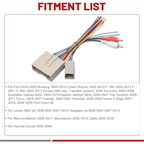 RED WOLF Car Radio Wiring Harness W/Anetnna Adapter RCA Input for Ford Mustang 2004-2009, Hyundai Sonata 2006-2008, Mercury Mariner 2008-2011 Install Aftermarket Stereo CD Player Wire Cable