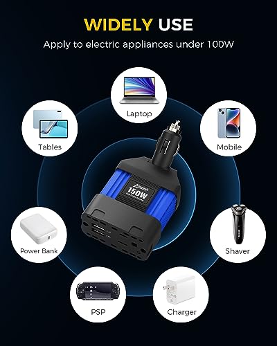 Ampeak 150W Car Power Inverter, 12V DC to 120V AC, Cigarette Lighter Plug - color: 150W Blue