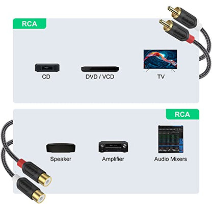 J&D 2 RCA Male to Female Extension Cable - Gold Plated RCA Audio Cable with Nylon Braid & PVC Housing [Audiowave Series] for Home Theater, Receiver, Amplifier, Speaker, 6 Feet - size: 6 Feet