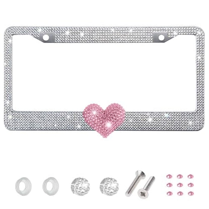 1 Pack White Bling License Plate Frame with Pink Heart for Women - color: White Frame+Pink Heart